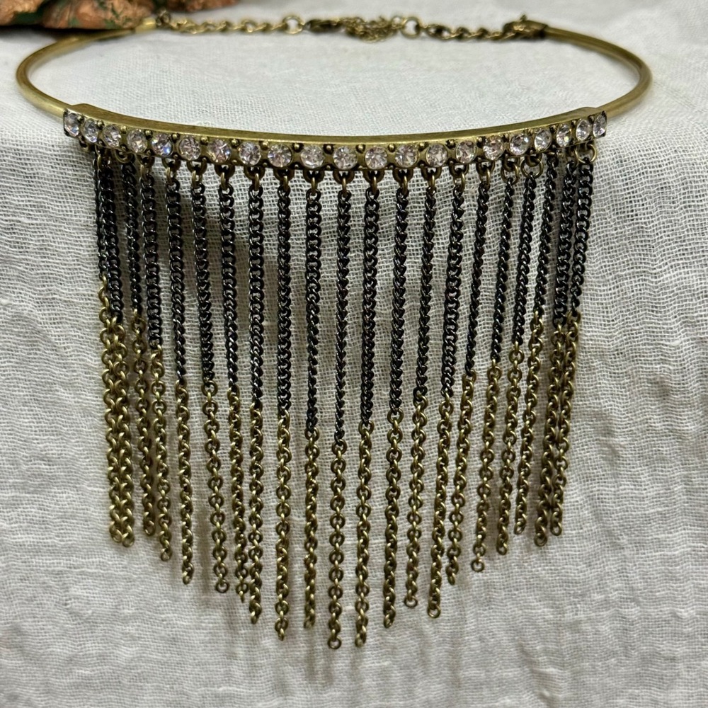Rhinestone Fringe Choker Necklace Gold Tone Boho Festival Y2K Statement - Picture 9 of 10